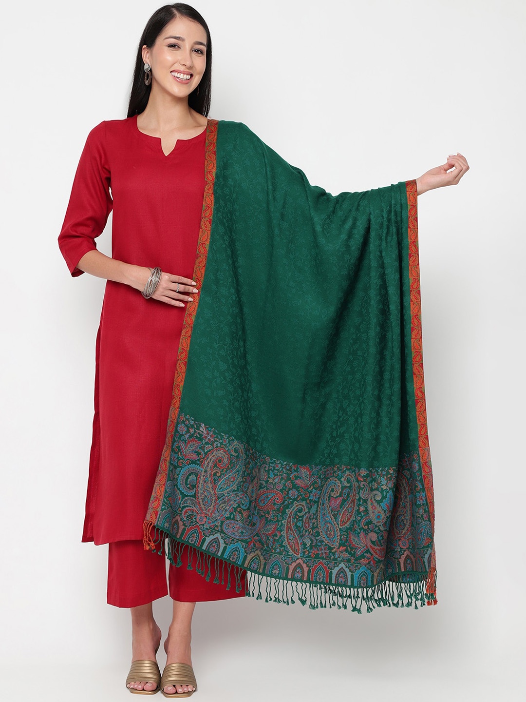 

La Vastraa Women Woven-Palla Design Woollen Shawl, Green
