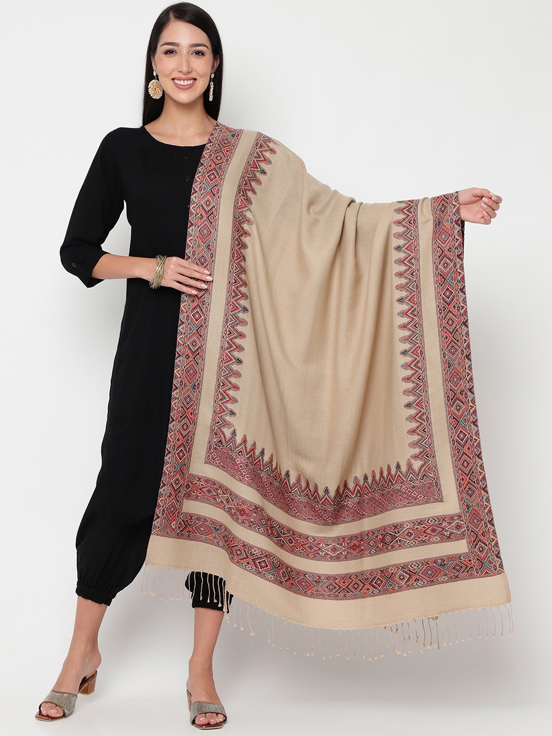 

La Vastraa Woven-Design Woollen Shawl, Beige