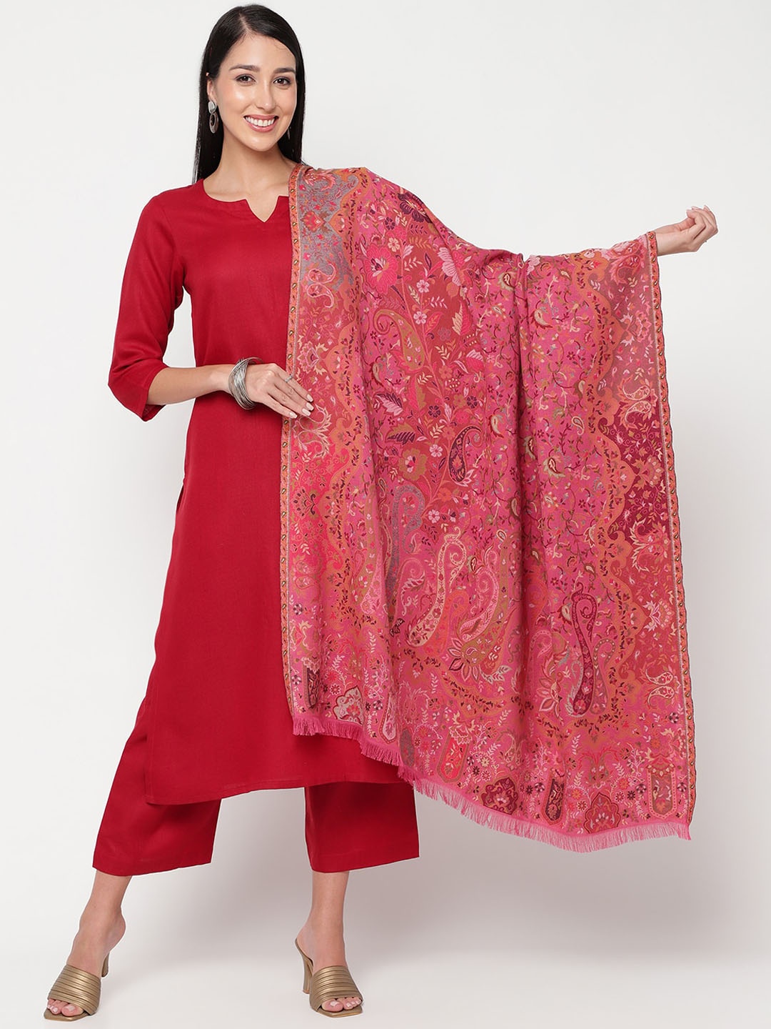 

La Vastraa Ethnic Motifs Woven-Design Pure Woollen Shawl, Pink