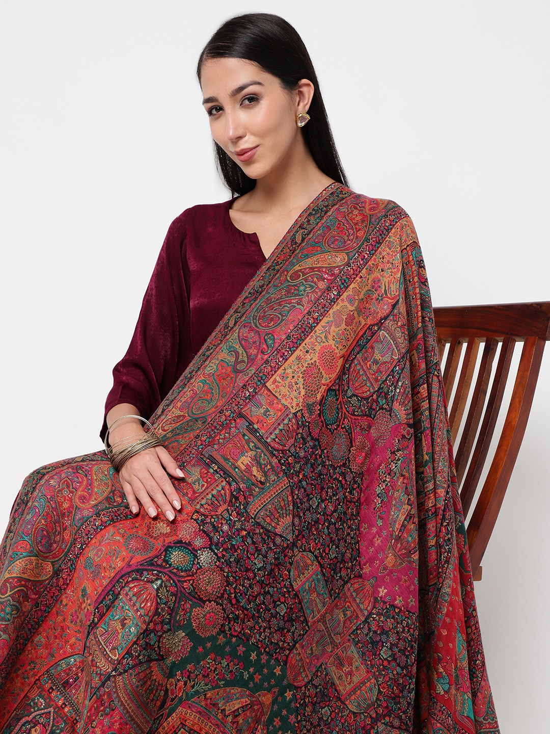 

La Vastraa Ethnic Motifs Woven-Design Pure Woollen Shawl, Maroon