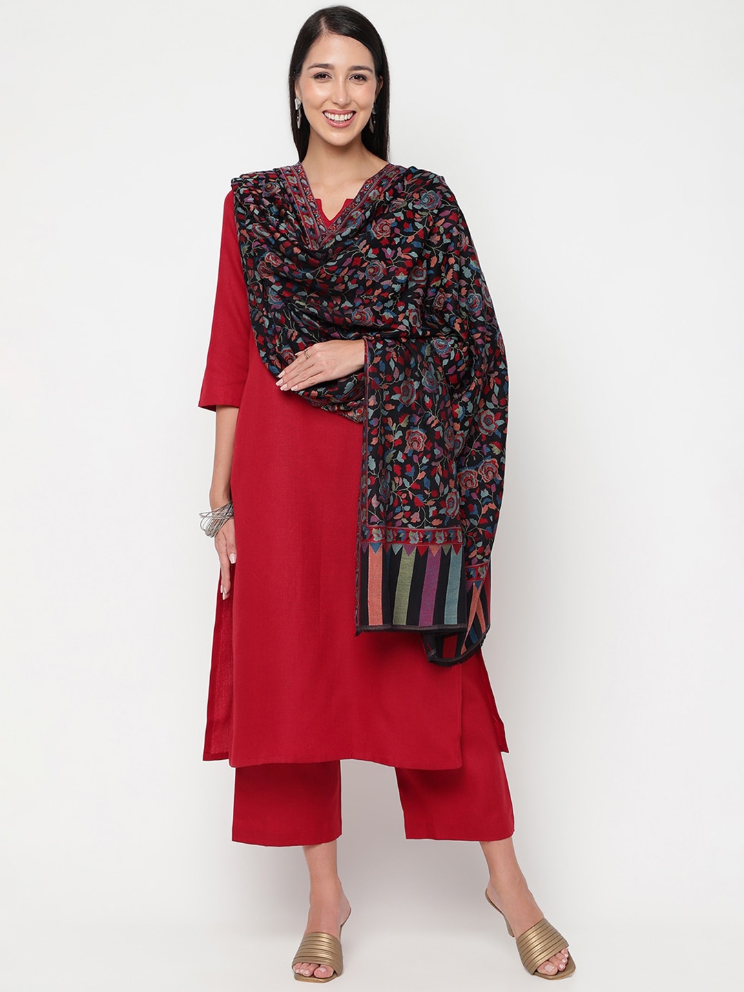 

La Vastraa Floral Woven-Design Shawl, Black