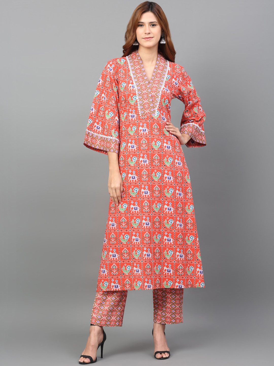 

Assamica Ethnic Motifs Printed Regular Pure Cotton Kurta with Trousers & Dupatta, Orange