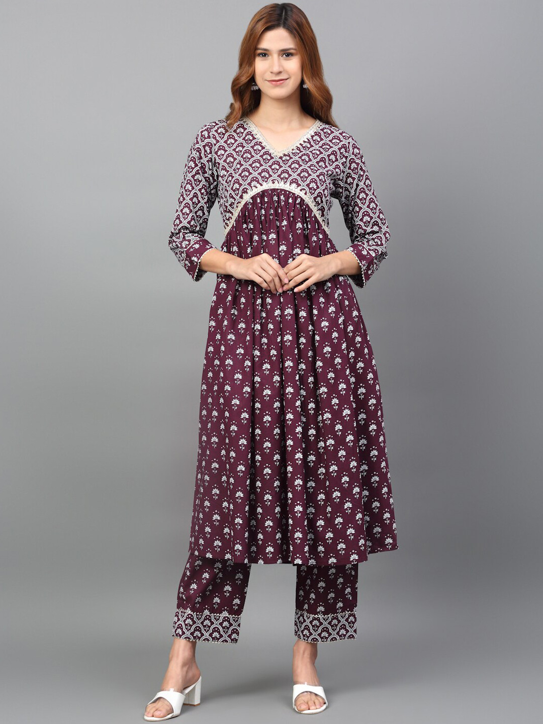 

Assamica Ethnic Motifs Printed Zari Empire Pure Cotton Kurta & Trousers With Dupatta, Purple