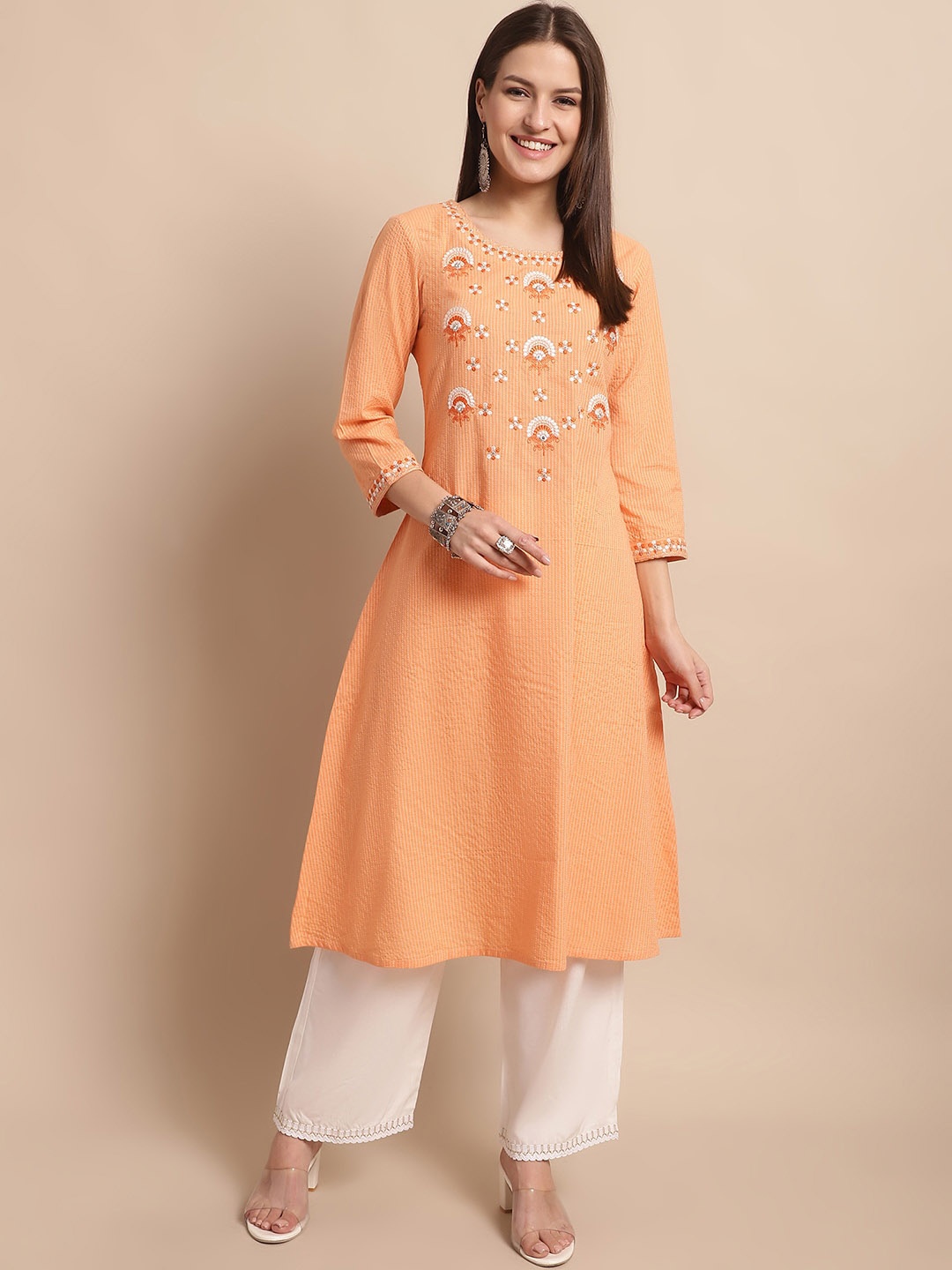 

Assamica Striped Thread Work Pure Cotton A-Line Kurta With Palazzos, Orange