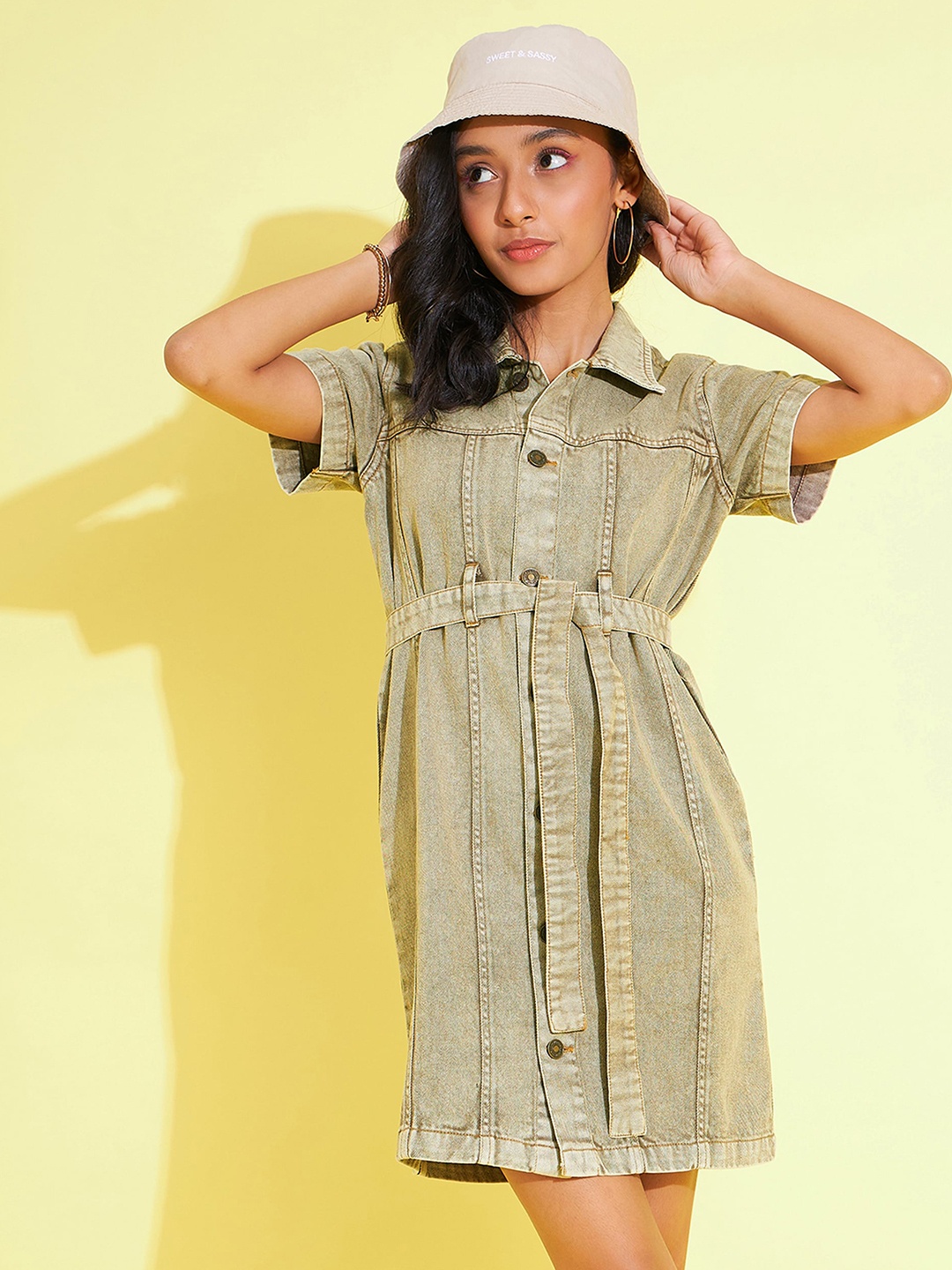 

Noh.Voh - SASSAFRAS Kids Girls Acid Wash Pure Cotton Denim Belted Shirt Dress, Brown