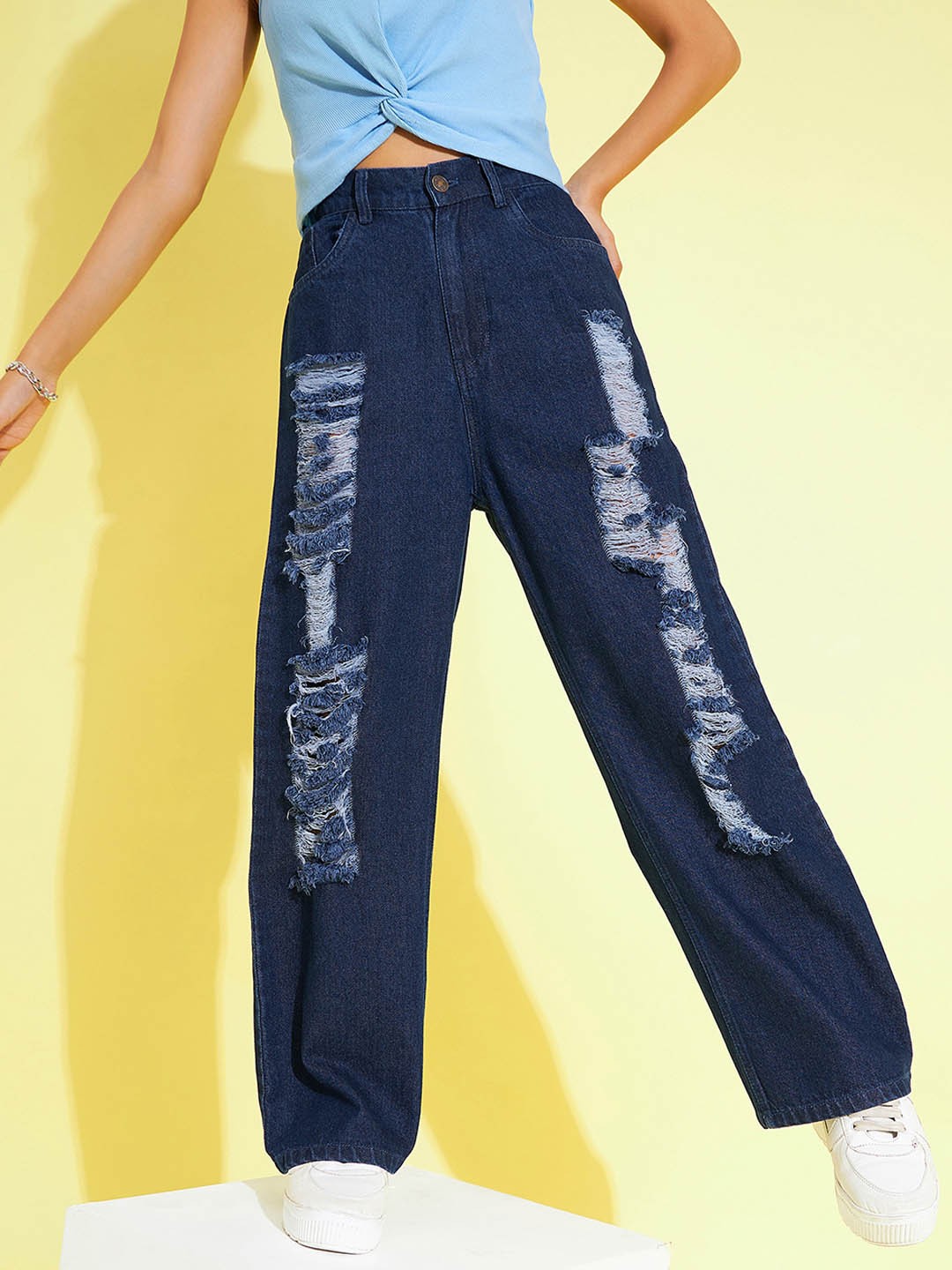 

Noh.Voh - SASSAFRAS Kids Girls Straight Fit Highly Distressed Pure Cotton Jeans, Navy blue