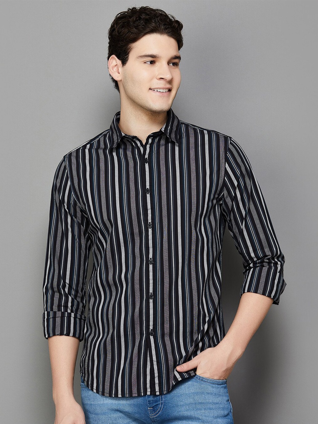 

Fame Forever by Lifestyle Vertical Stripes Cotton Casual Shirt, Black