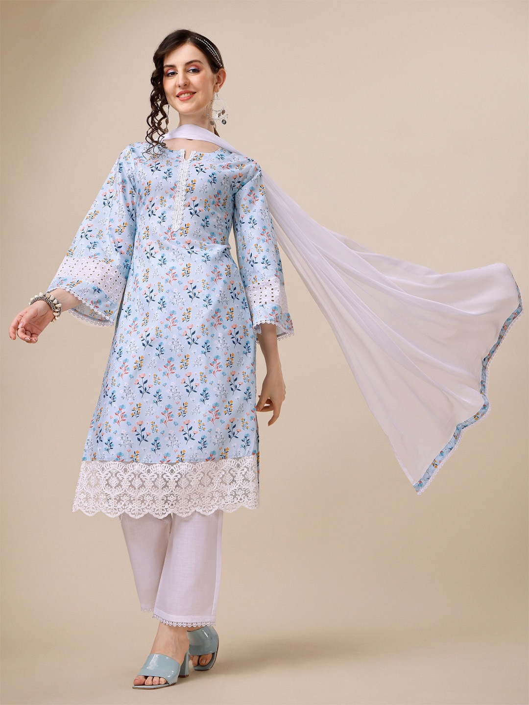 

Sangria Floral Printed Straight Cotton Kurta With Trouser & Dupatta Set, Blue