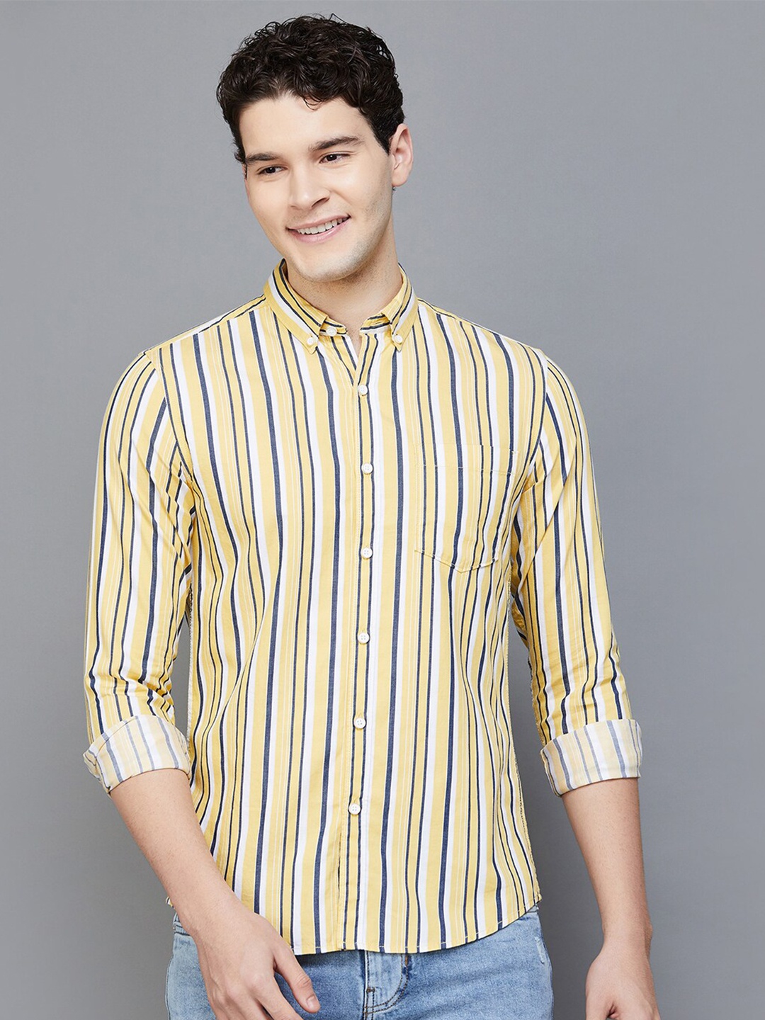 

Fame Forever by Lifestyle Slim Fit Vertical Stripes Button-Down Collar Cotton Casual Shirt, Yellow