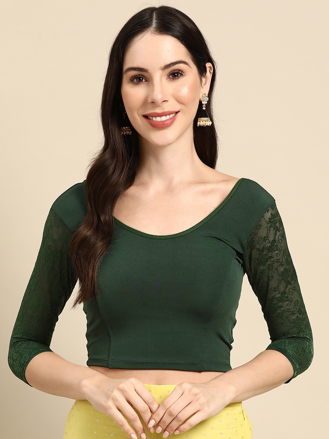 

SERONA FABRICS Three-Quartered Sleeves Stitched Net Saree Blouse, Green