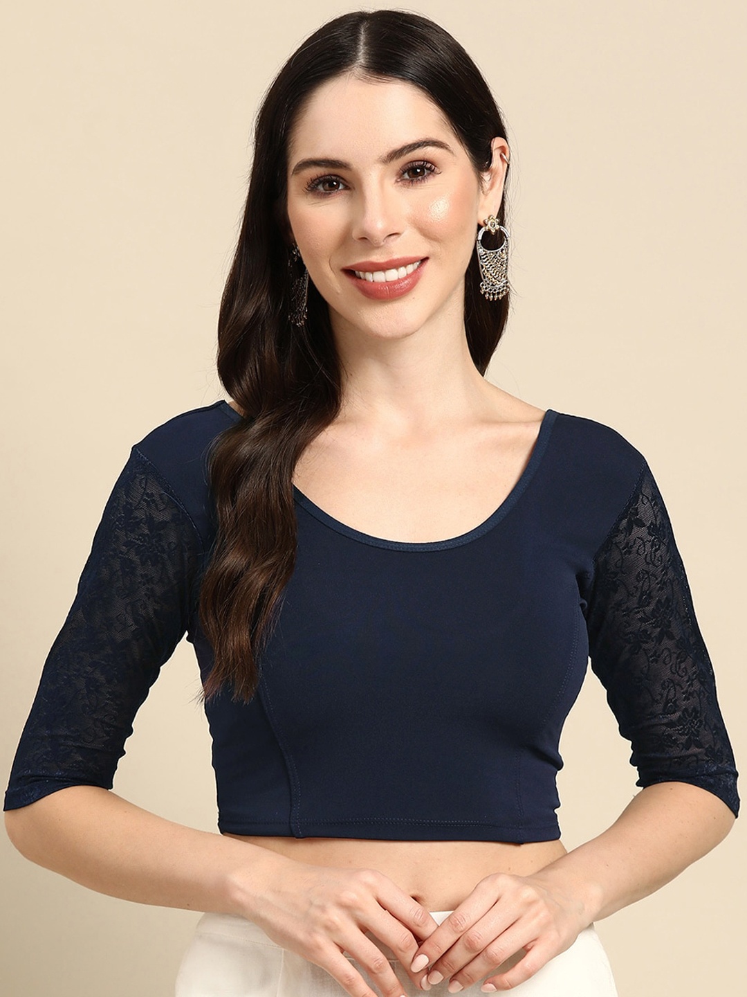 

SERONA FABRICS Three-Quartered Sleeves Stitched Net Saree Blouse, Navy blue