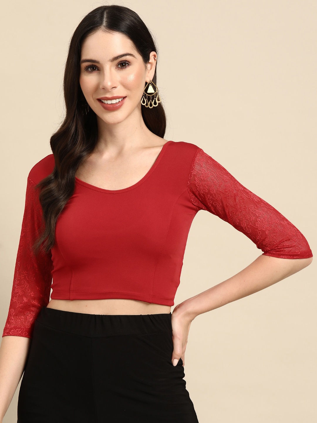 

SERONA FABRICS Three-Quartered Sleeves Stitched Net Saree Blouse, Red