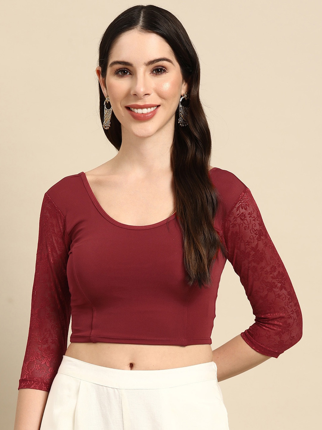 

SERONA FABRICS Three-Quartered Sleeves Stitched Net Saree Blouse, Maroon