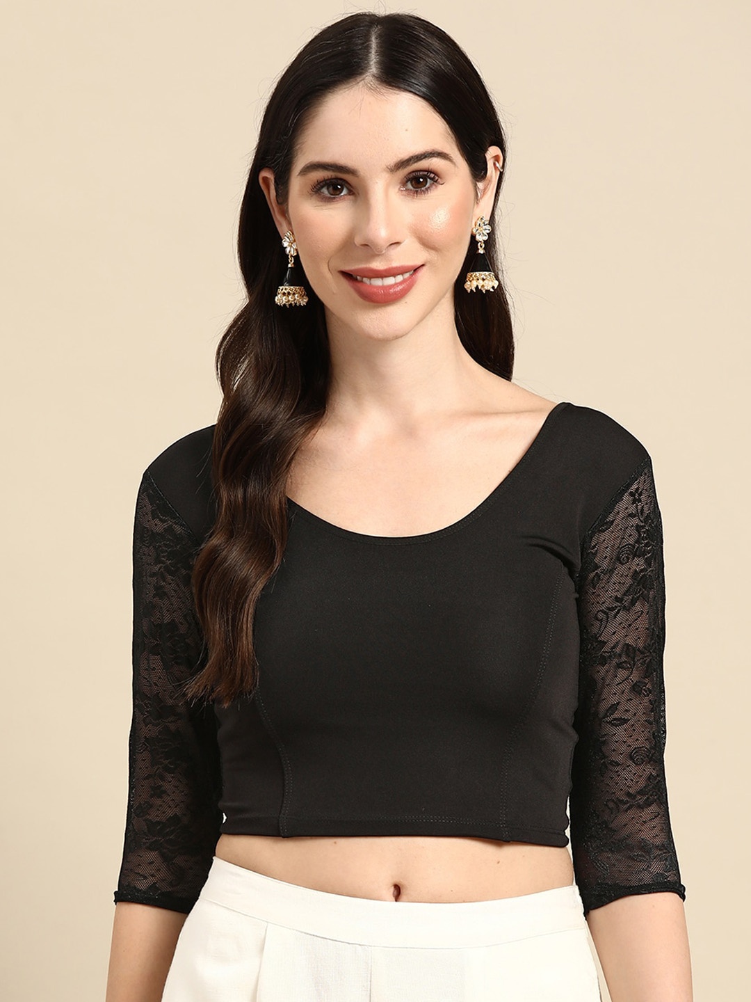 

SERONA FABRICS Three-Quartered Sleeves Stitched Net Saree Blouse, Black