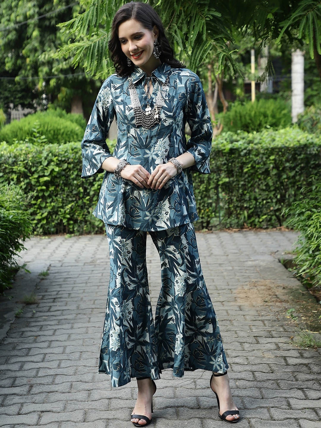 

Claura Floral Printed Tunic & Palazzo Ethnic Co-Ords, Blue