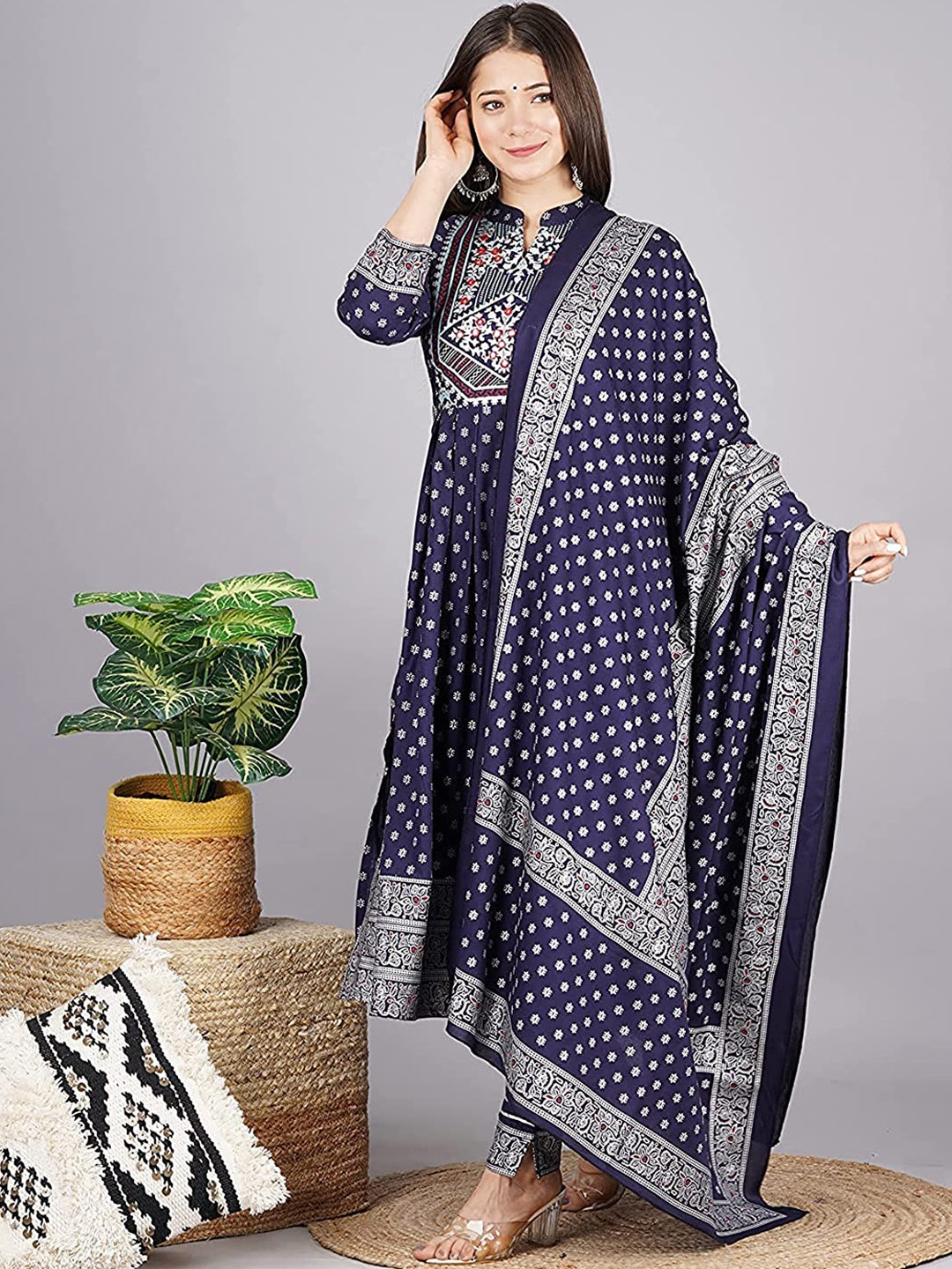 

KALINI Ethnic Motifs Printed Regular Kurta with Palazzos & Dupatta, Blue