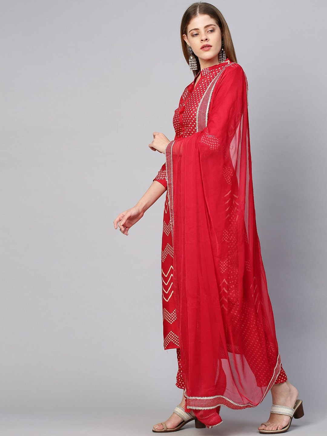 

KALINI Geometric Printed Mandarin Collar Mirror Work Kurta With Trousers & Dupatta, Red