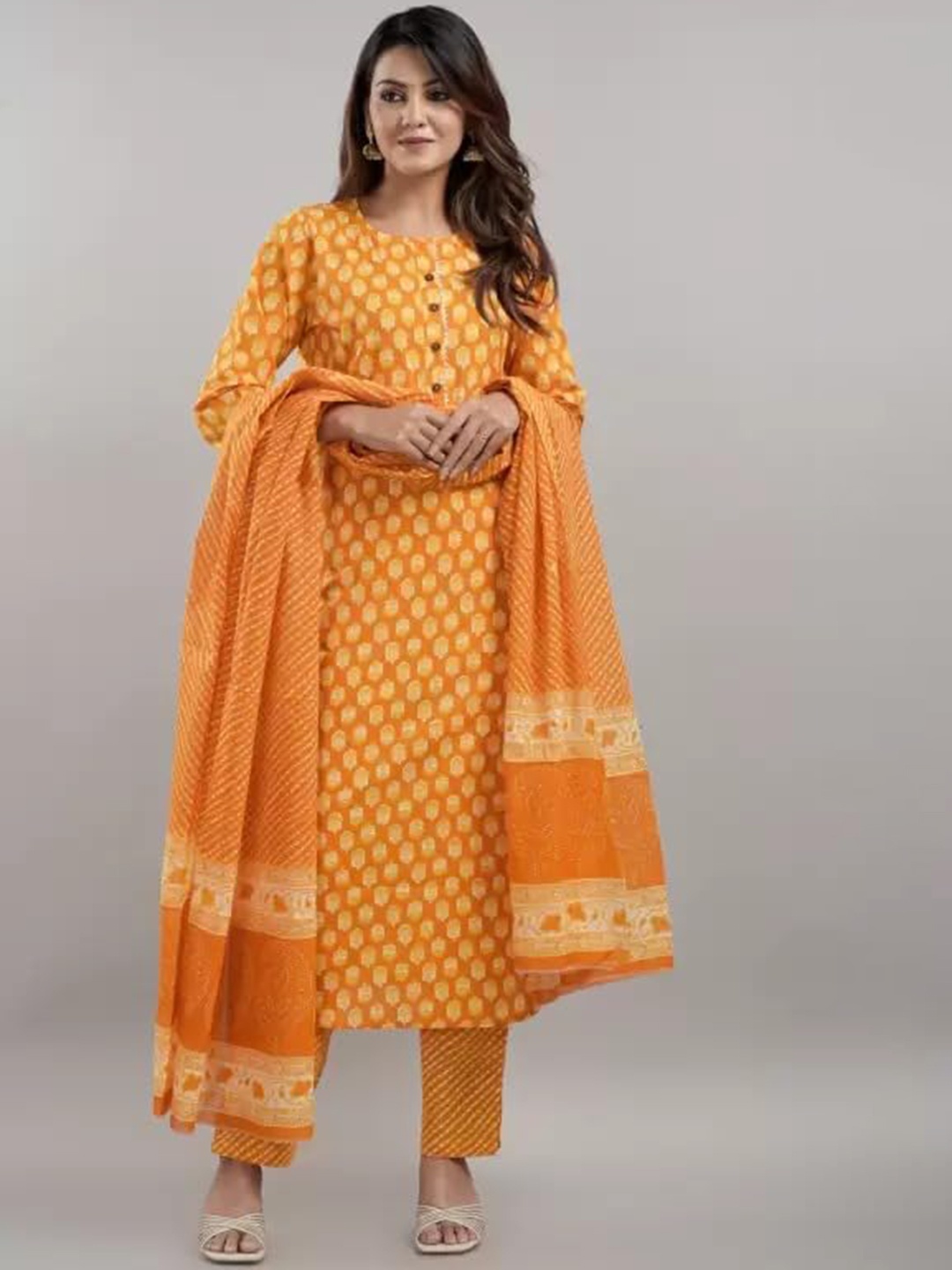 

KALINI Floral Printed Pure Cotton Kurta with Palazzos & With Dupatta, Orange