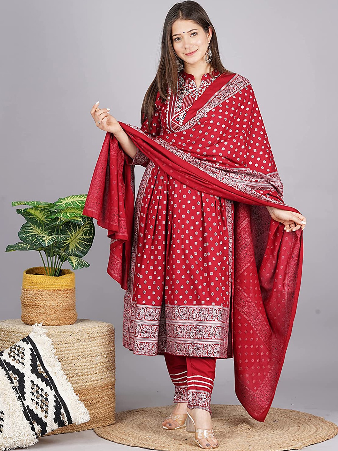 

KALINI Floral Printed Mirror Work Kurta & Trousers With Dupatta, Maroon