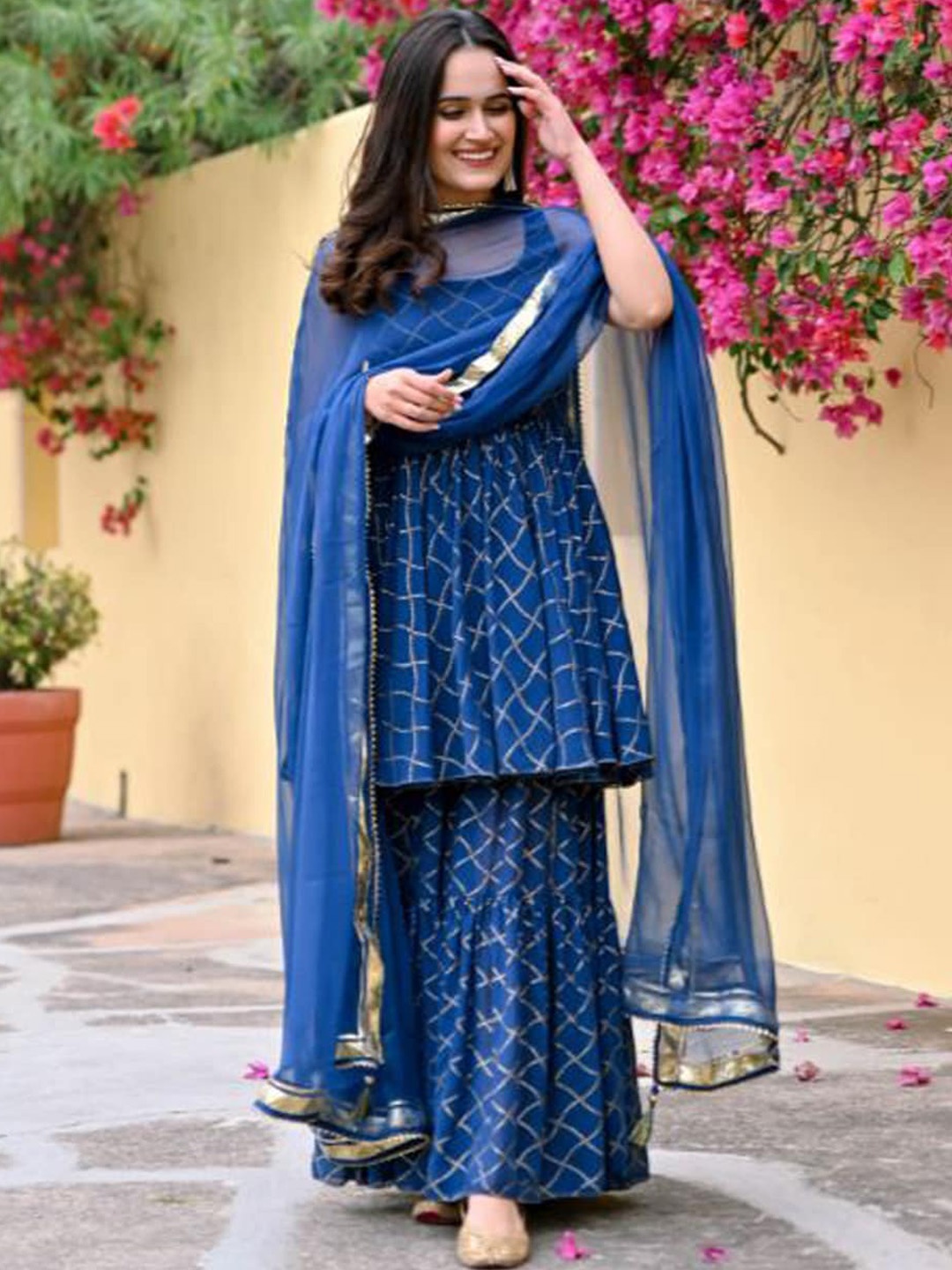 

KALINI Geometric Printed Kurta with Sharara & With Dupatta, Blue