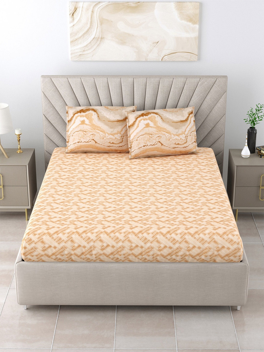 

Salona Bichona Beige Geometric Cotton 120 TC King Bedsheet With 2 Pillow Covers