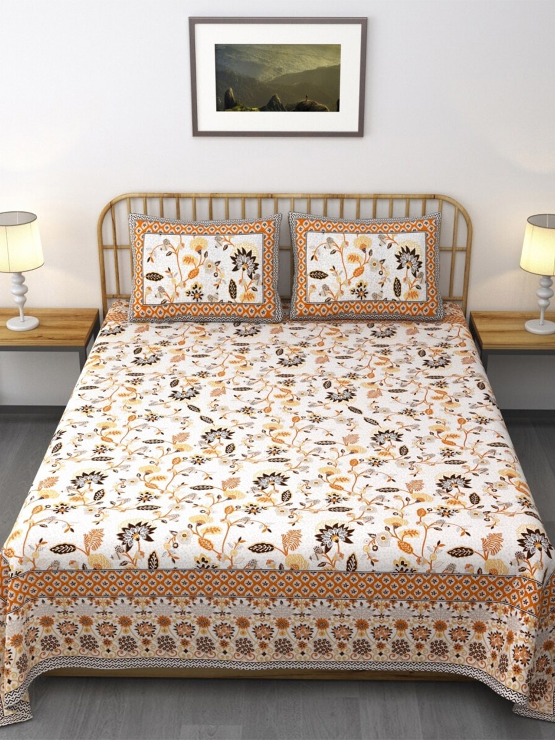 

Salona Bichona Peach & Brown Floral Cotton 120 TC King Bedsheet With 2 Pillow Covers