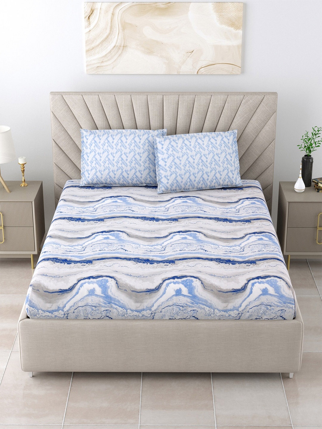 

Salona Bichona White & Blue Cotton 120 TC King Bedsheet with 2 Pillow Covers