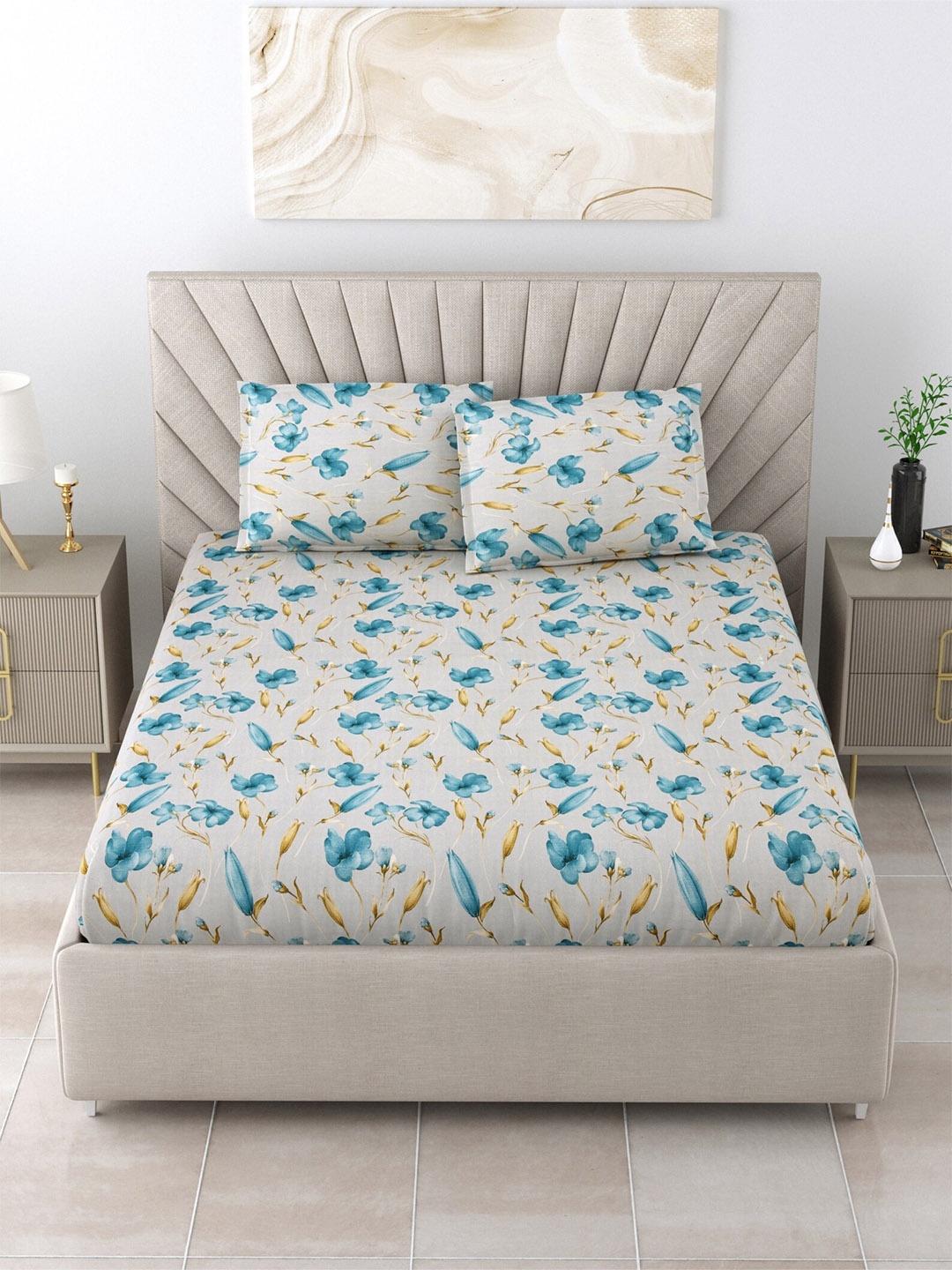 

Salona Bichona White & Blue Floral Cotton 120 TC King Bedsheet with 2 Pillow Covers