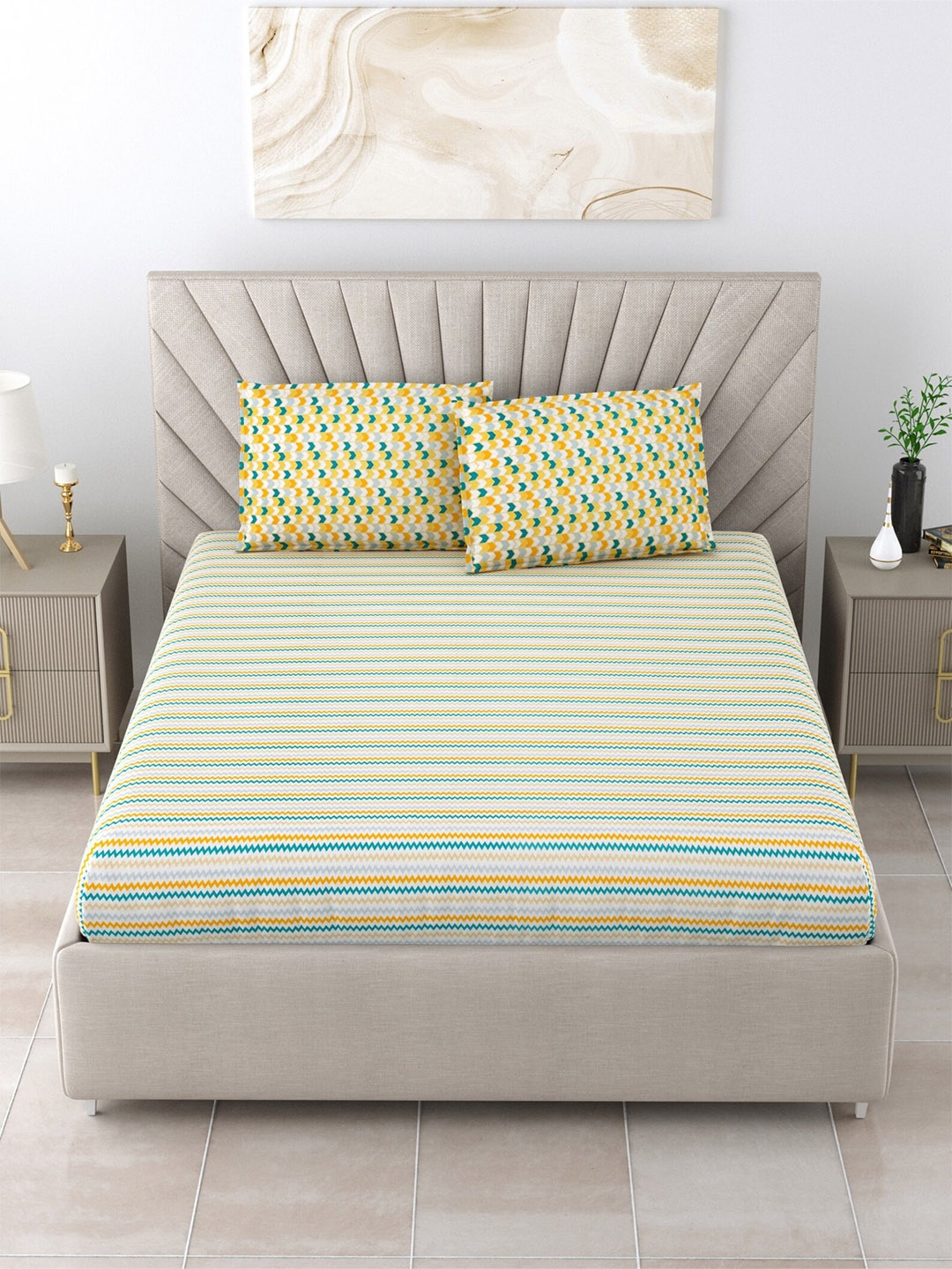 

Salona Bichona Sea Green & White Striped Cotton 120 TC King Bedsheet With 2 Pillow Covers