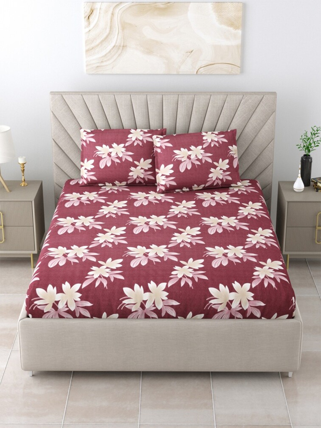 

Salona Bichona Maroon & White Floral Cotton 120 TC King Bedsheet with 2 Pillow Covers