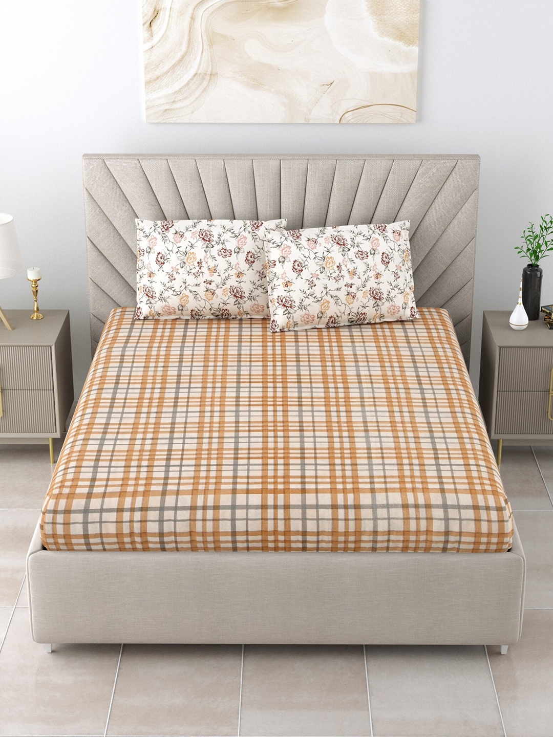 

Salona Bichona Grey & Brown Geometric Cotton 120 TC King Bedsheet With 2 Pillow Covers