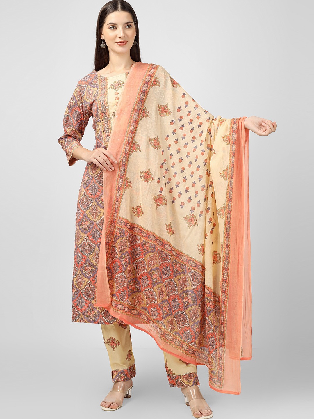 

misbis Ethnic Motifs Printed Mirror Work Pure Cotton Kurta With Trousers & Dupatta, Orange