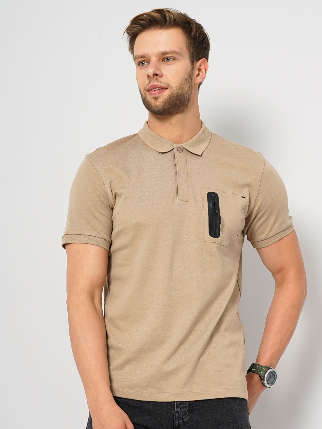 

Celio Pocket Detail Polo Collar Cotton T-Shirt, Beige