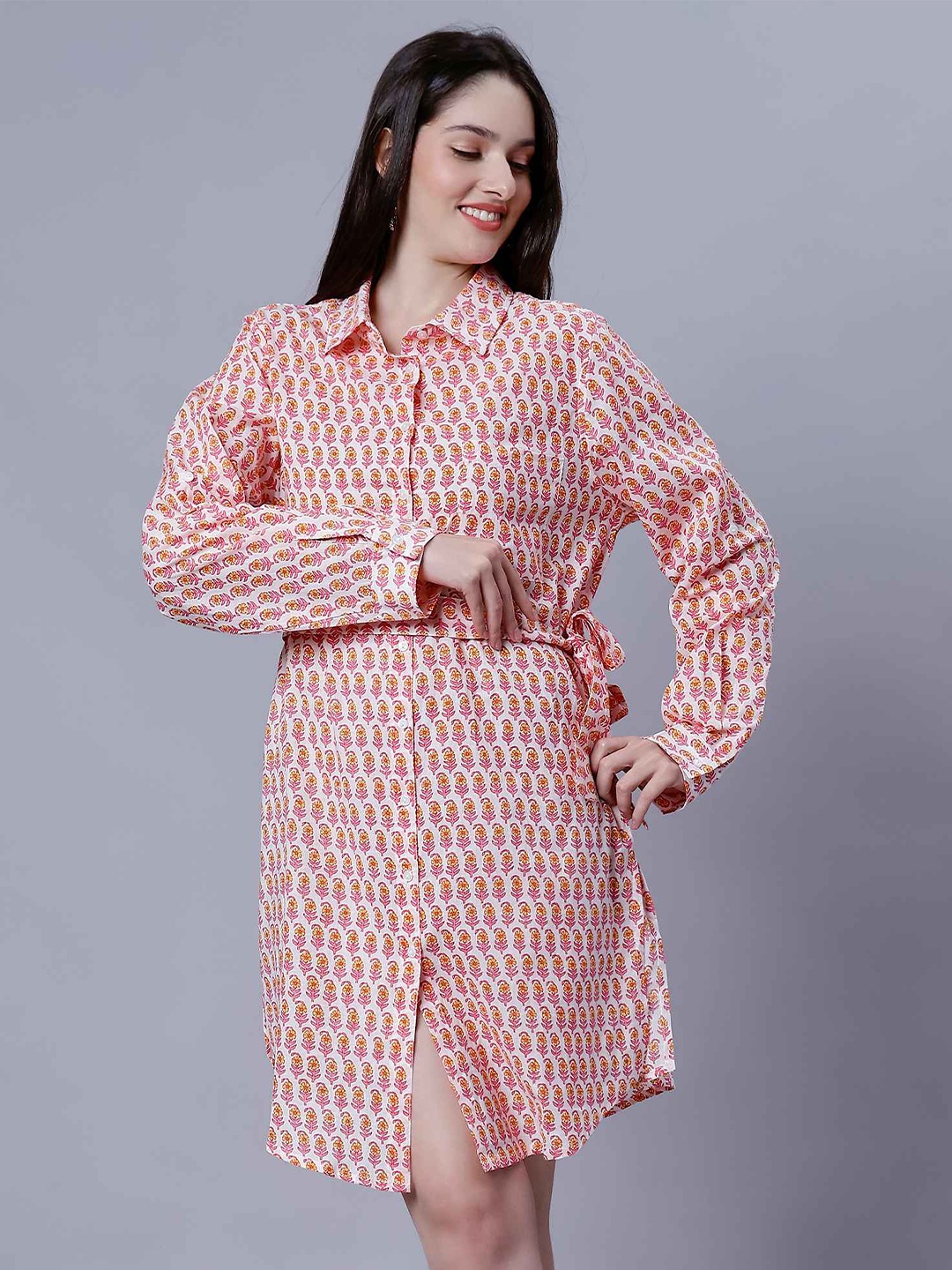 

MINGLAY Floral Printed Cotton Shirt Dress, Pink