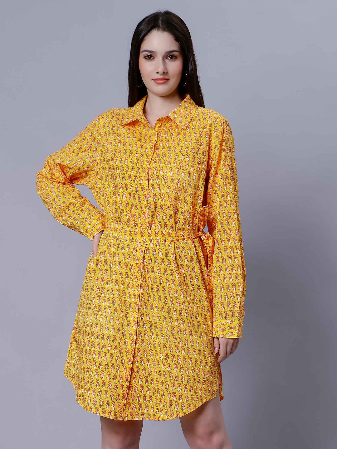 

MINGLAY Floral Printed Cotton Shirt Dress, Yellow