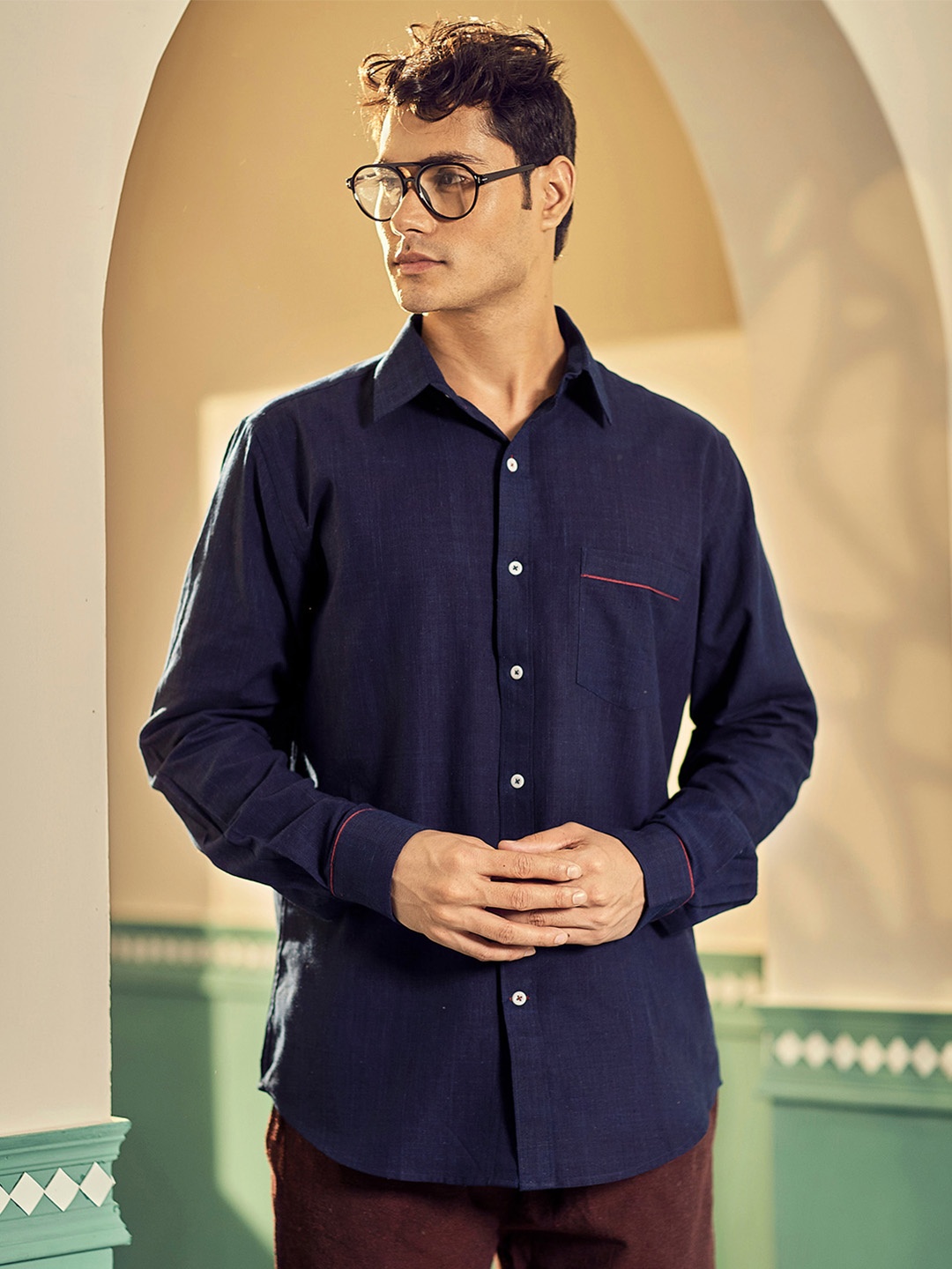 

Earthpiece Spread Collar Premium Regular Fit Opaque Cotton Casual Shirt, Blue