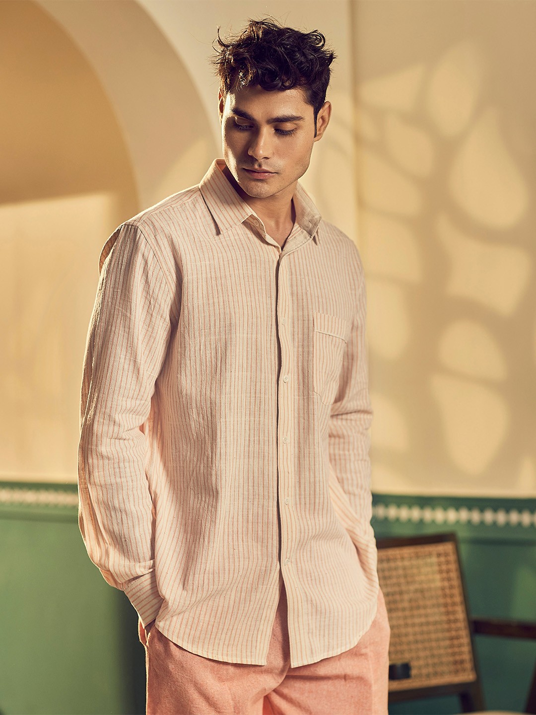 

Earthpiece Striped Premium Regular Fit Opaque Cotton Casual Shirt, Off white