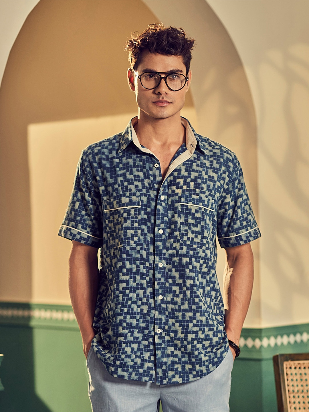 

Earthpiece Comfort Geometric Printed Organic Cotton Casual Shirt, Blue