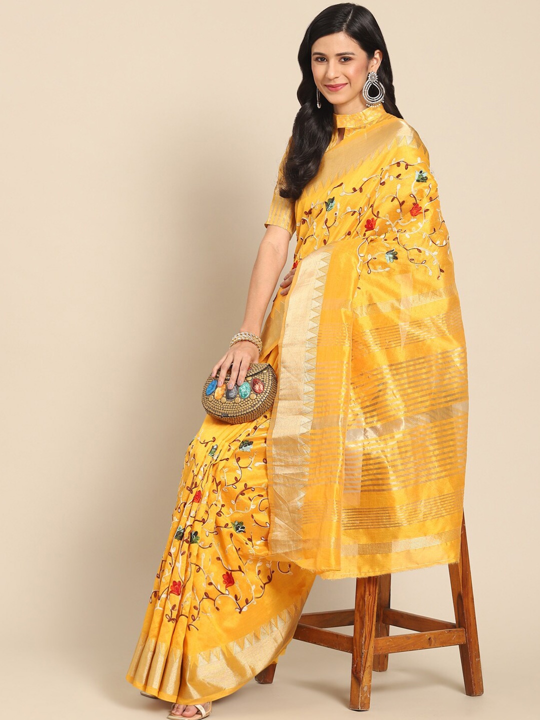 

Mitera Floral Embroidered Zari Assam Silk Cottton Saree, Yellow