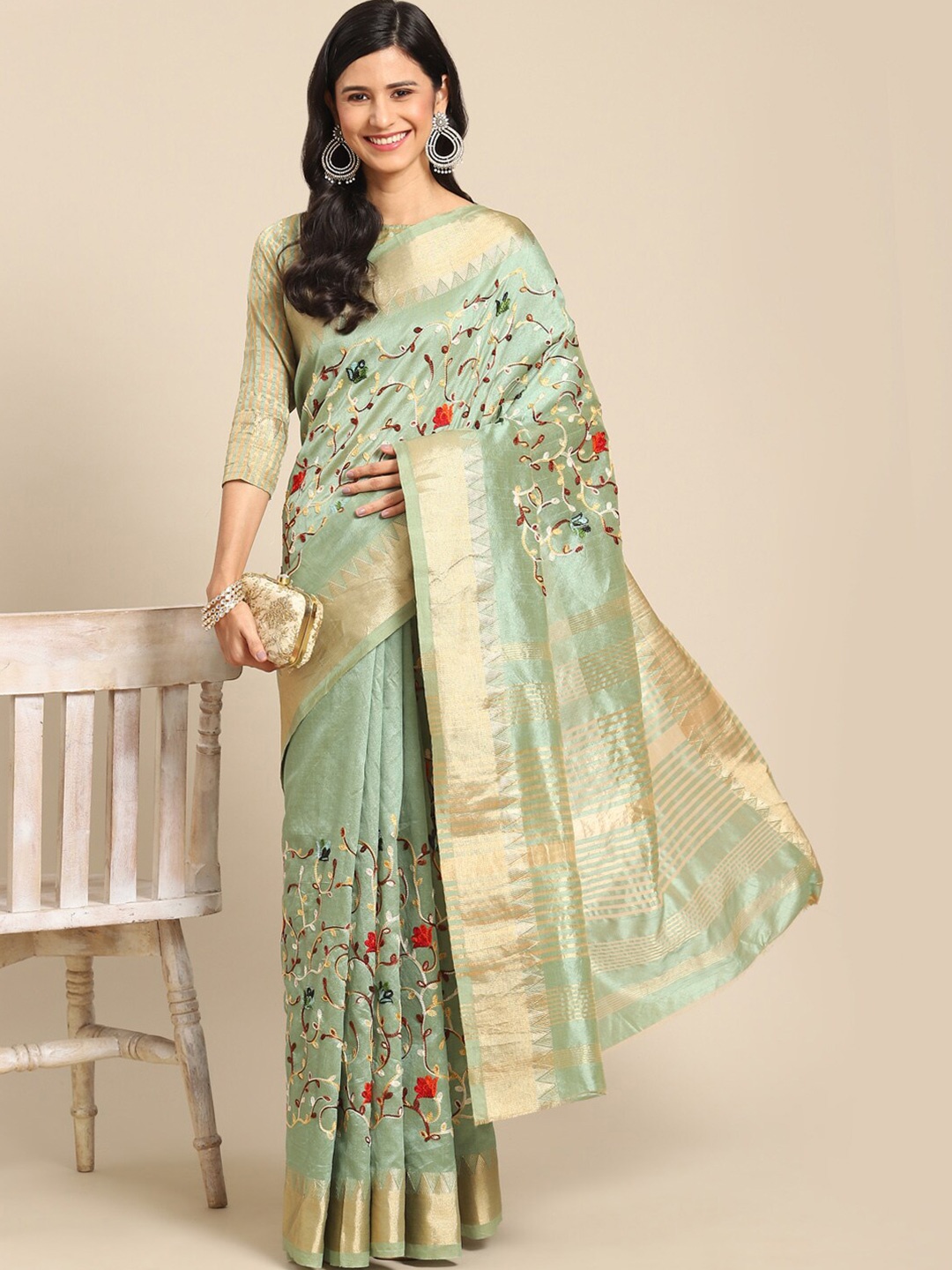 

Mitera Floral Embroidered Zari Silk Cotton Mysore Silk Saree, Green