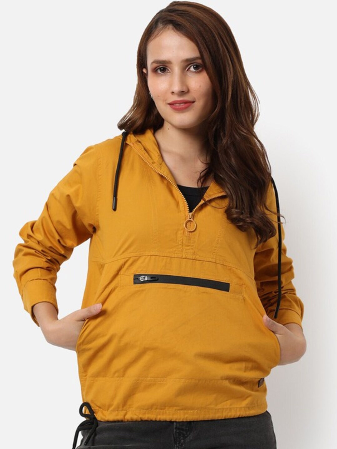 

Campus Sutra Hooded Windcheater Crop Outdoor Biker Jacket, Mustard
