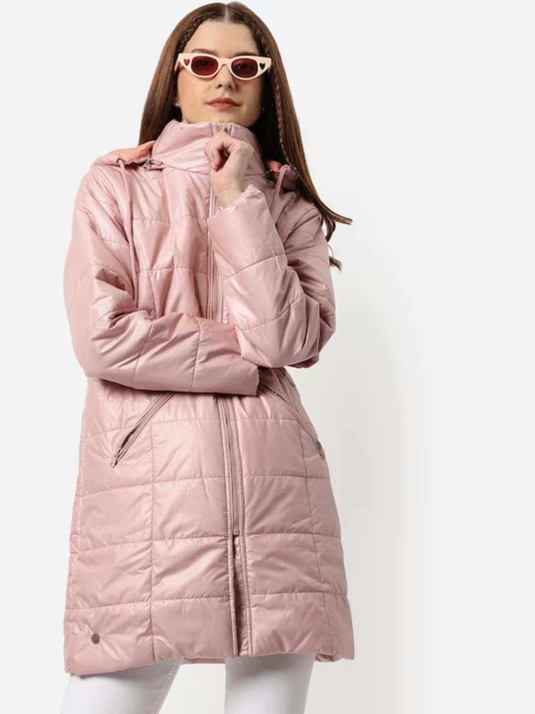 

Campus Sutra Windcheater Longline Puffer Jacket With Detachable Hood, Pink