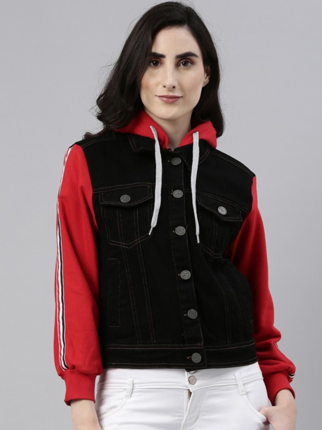 

Campus Sutra Colourblocked Hooded Windcheater Cotton Denim Jacket, Black