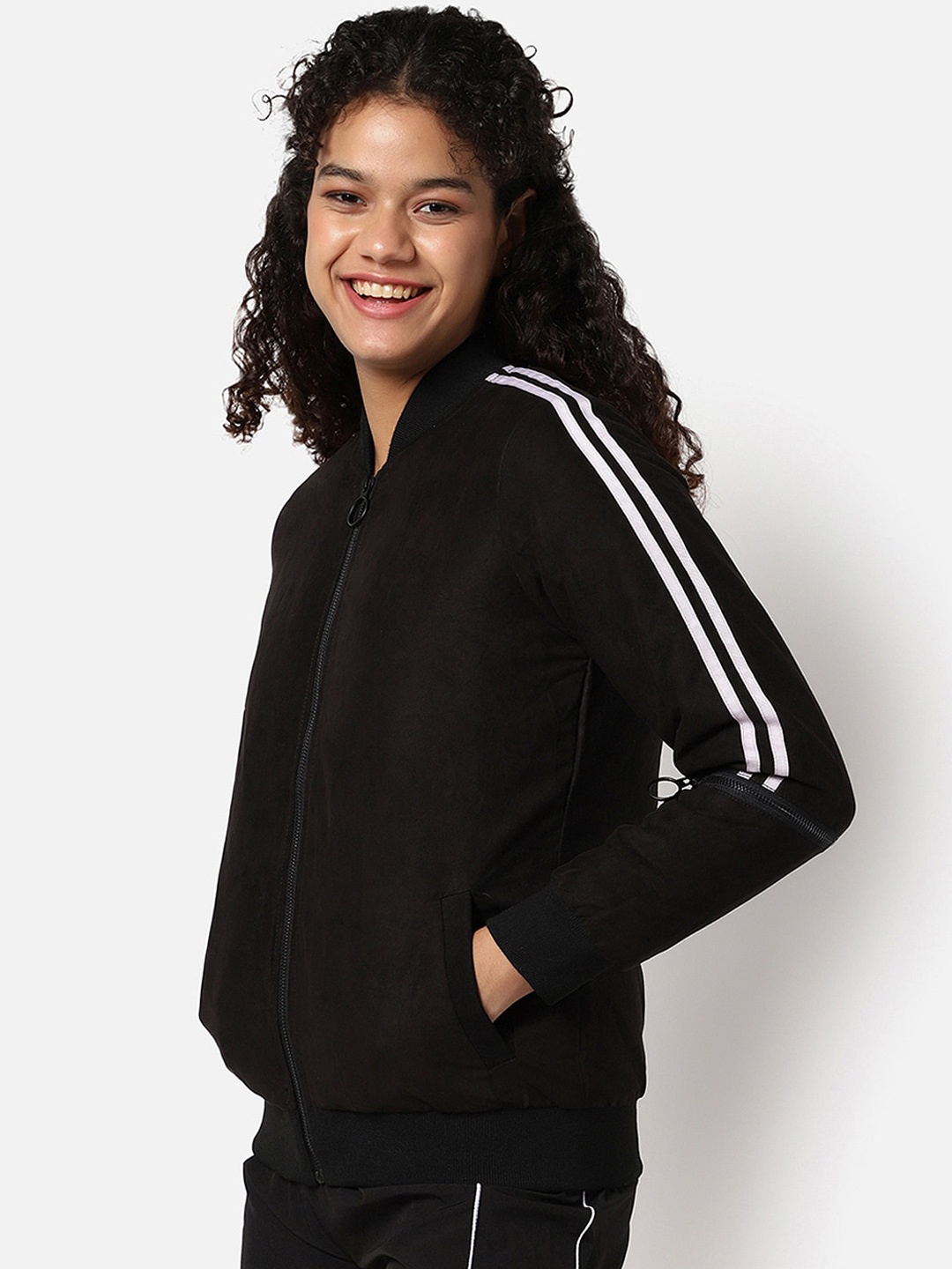 

Campus Sutra Women Black Floral Suede Windcheater Outdoor Bomber with Embroidered Jacket