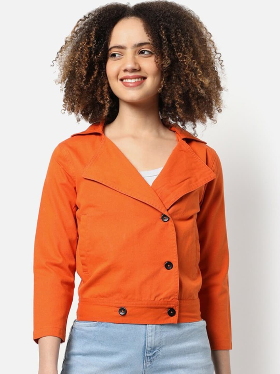 

Campus Sutra Cotton Crop Windcheater Tailored Jacket, Orange