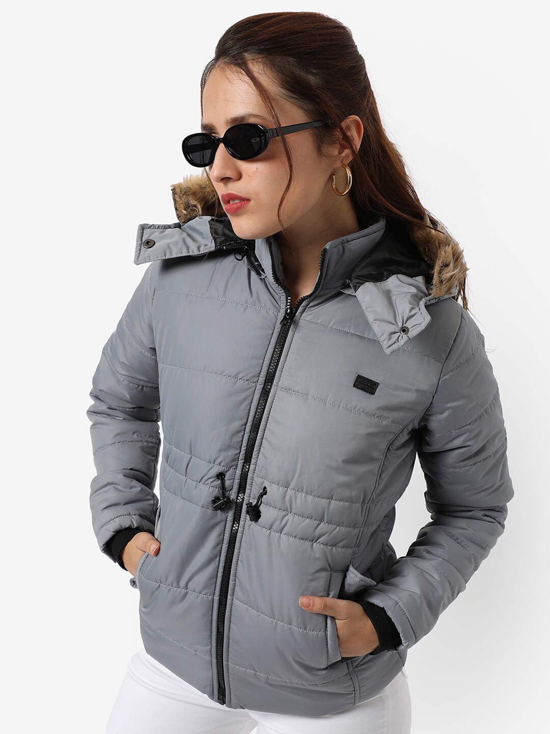 

Campus Sutra Windcheater Fur Detail Detachable Hooded Puffer Jacket, Grey