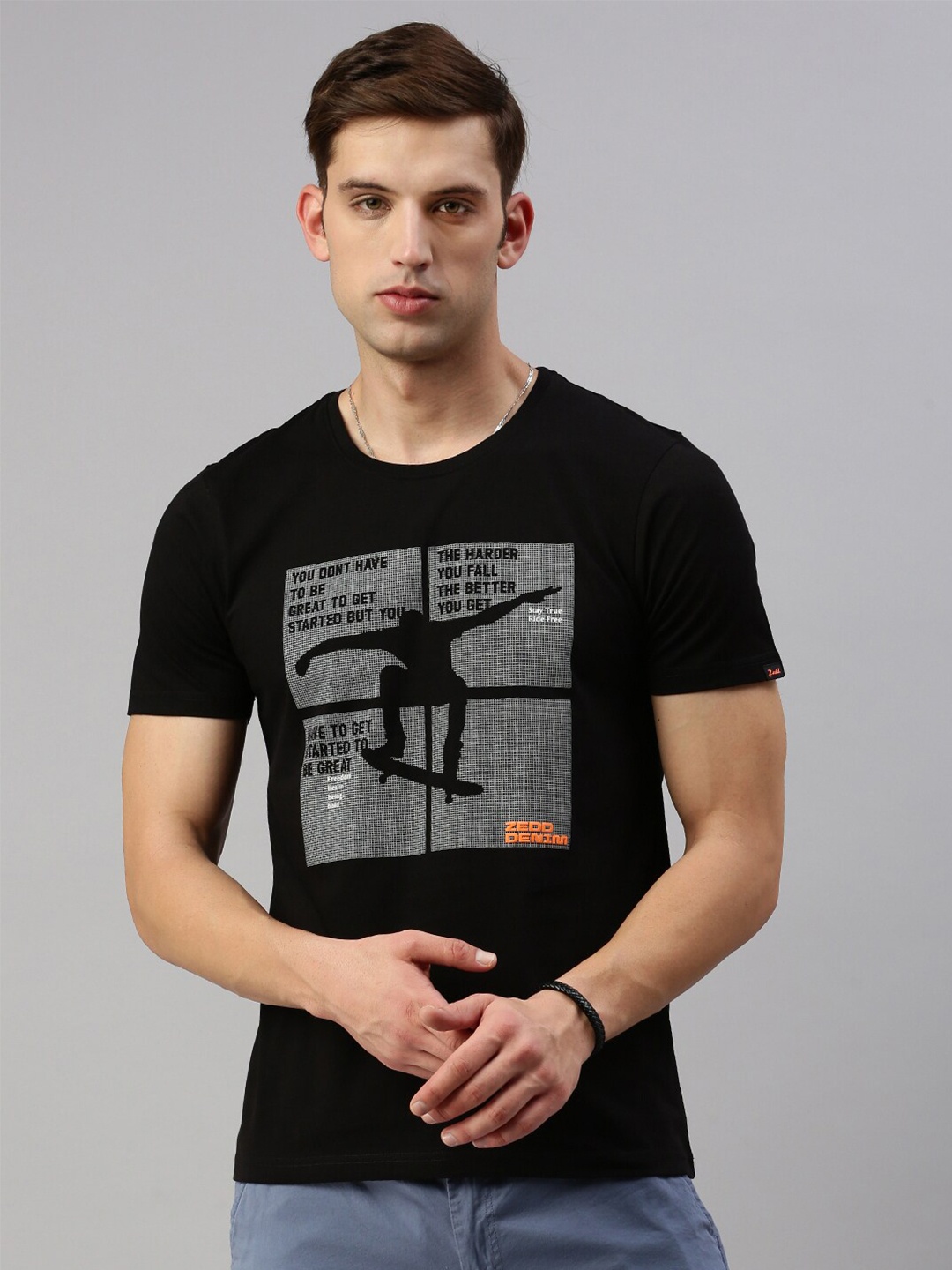 

ZEDD Typography Printed Cotton Casual T-Shirt, Black