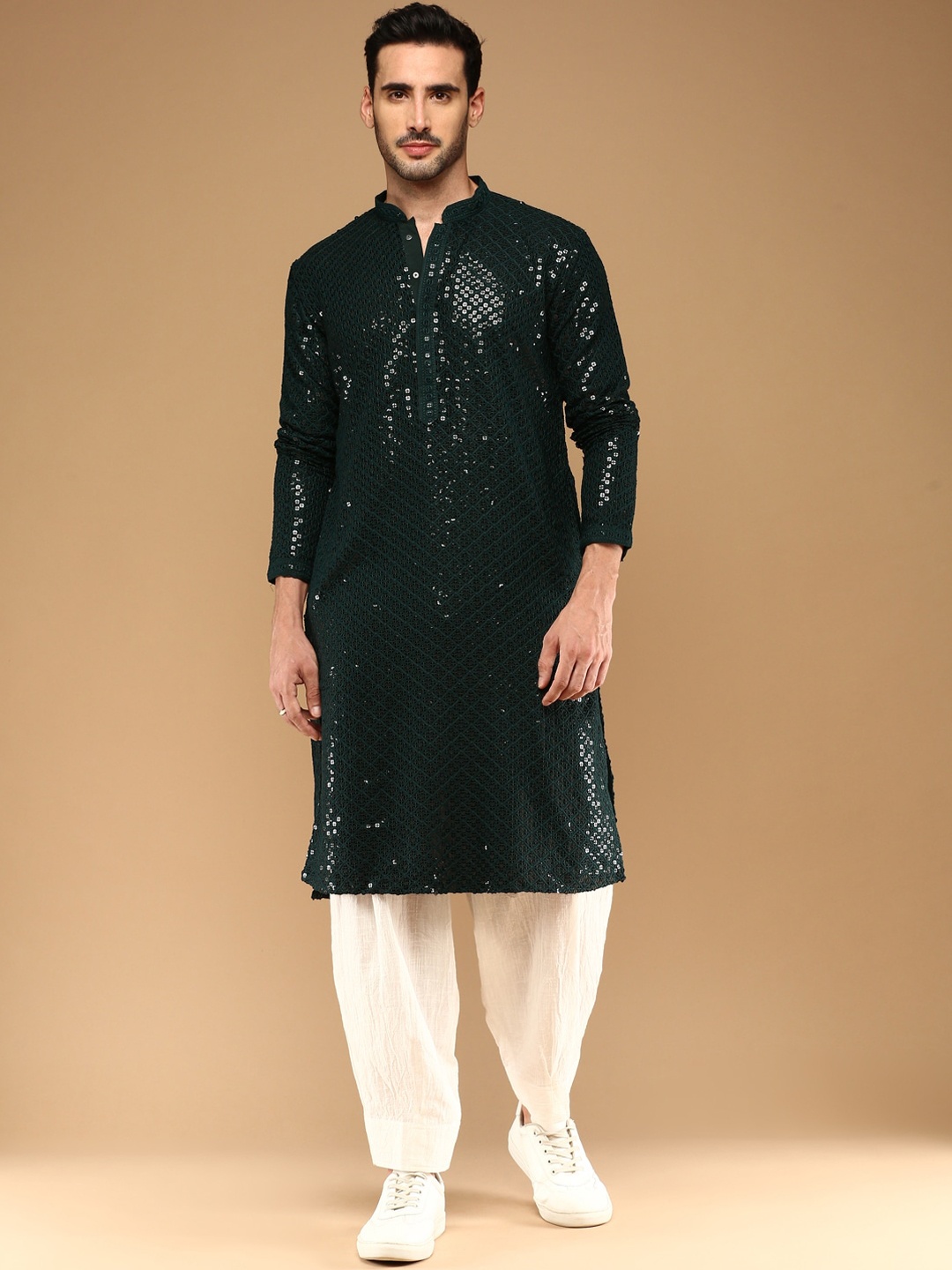 

Sangria Sequin Embellished Chikankari Straight Kurta, Green