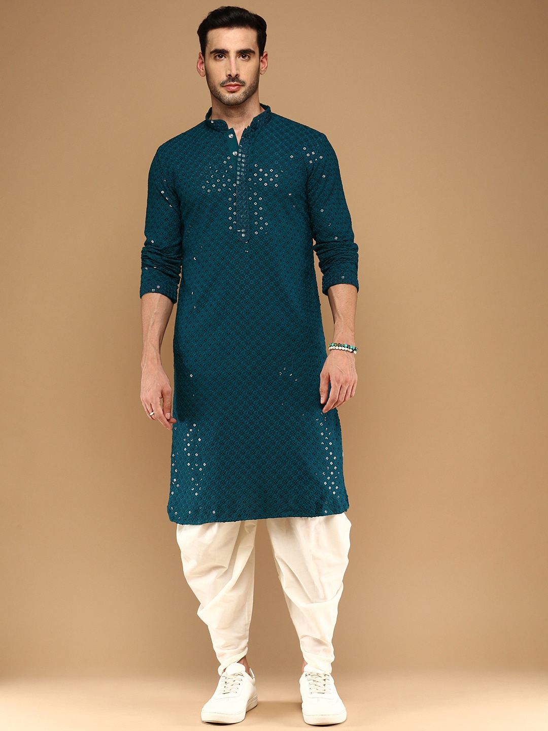 

Sangria Blue Chikankari Mandarin Collar Sequinned Cotton Straight Kurta