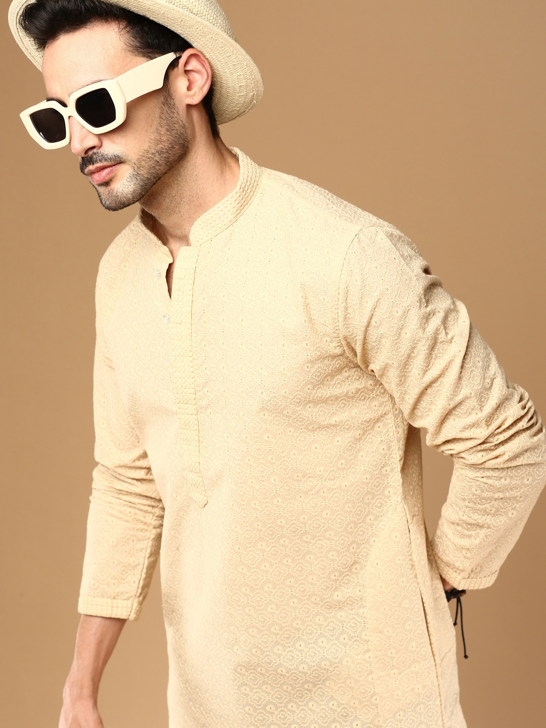

Sangria Floral Embroidered Chikankari Cotton Kurtas, Beige